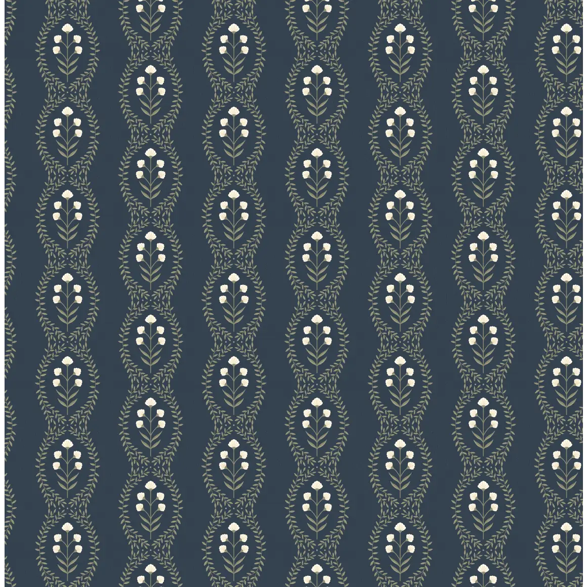 Nattie Wallpaper - Block Print Floral Stripe - by Kourtni Gunn - Sample 1 foot by 1 foot / Navy - Loomwell Home Goods