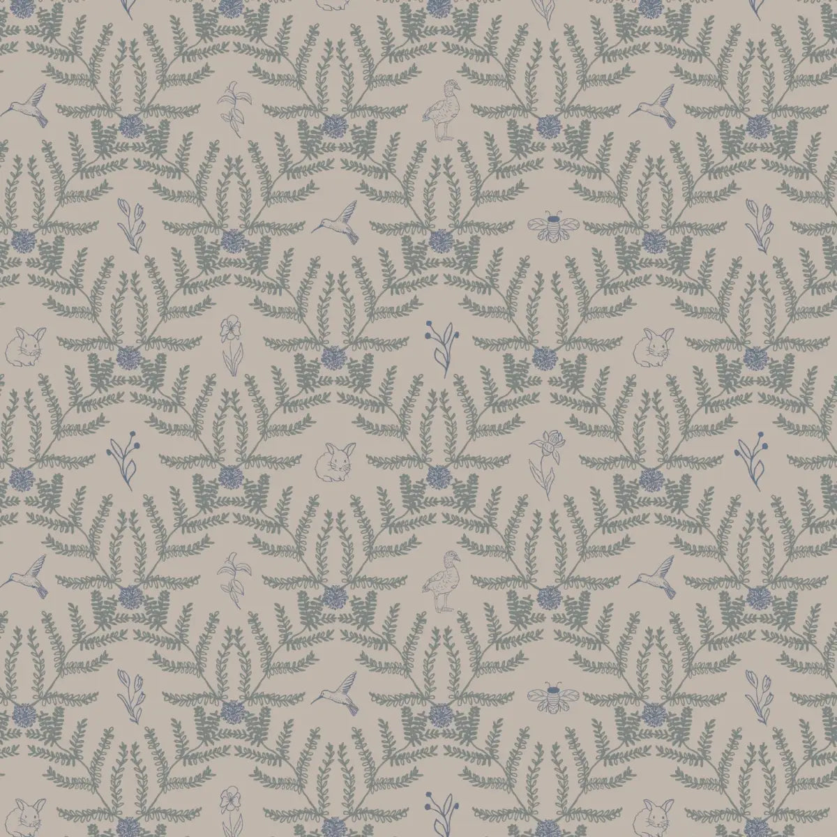 Navie Wallpaper - Birds and Blooms - by Hannah Langford Design - Sample 1 foot by 1 foot / Taupe Blue and Green