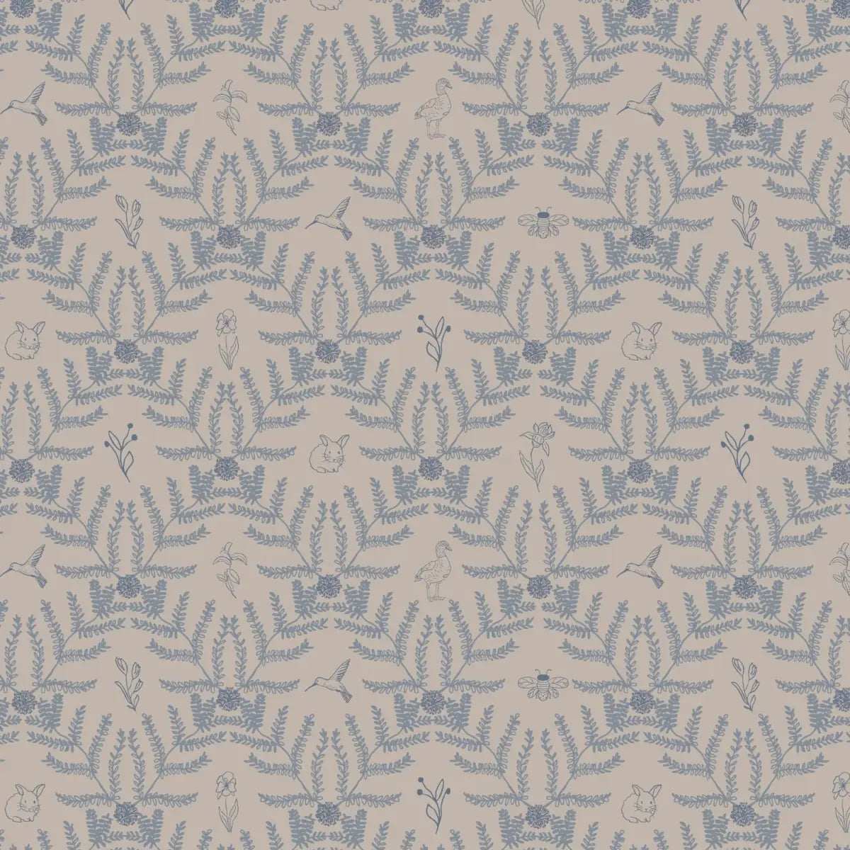 Navie Wallpaper - Birds and Blooms - by Hannah Langford Design - Sample 1 foot by 1 foot / Taupe and Blue - Loomwell