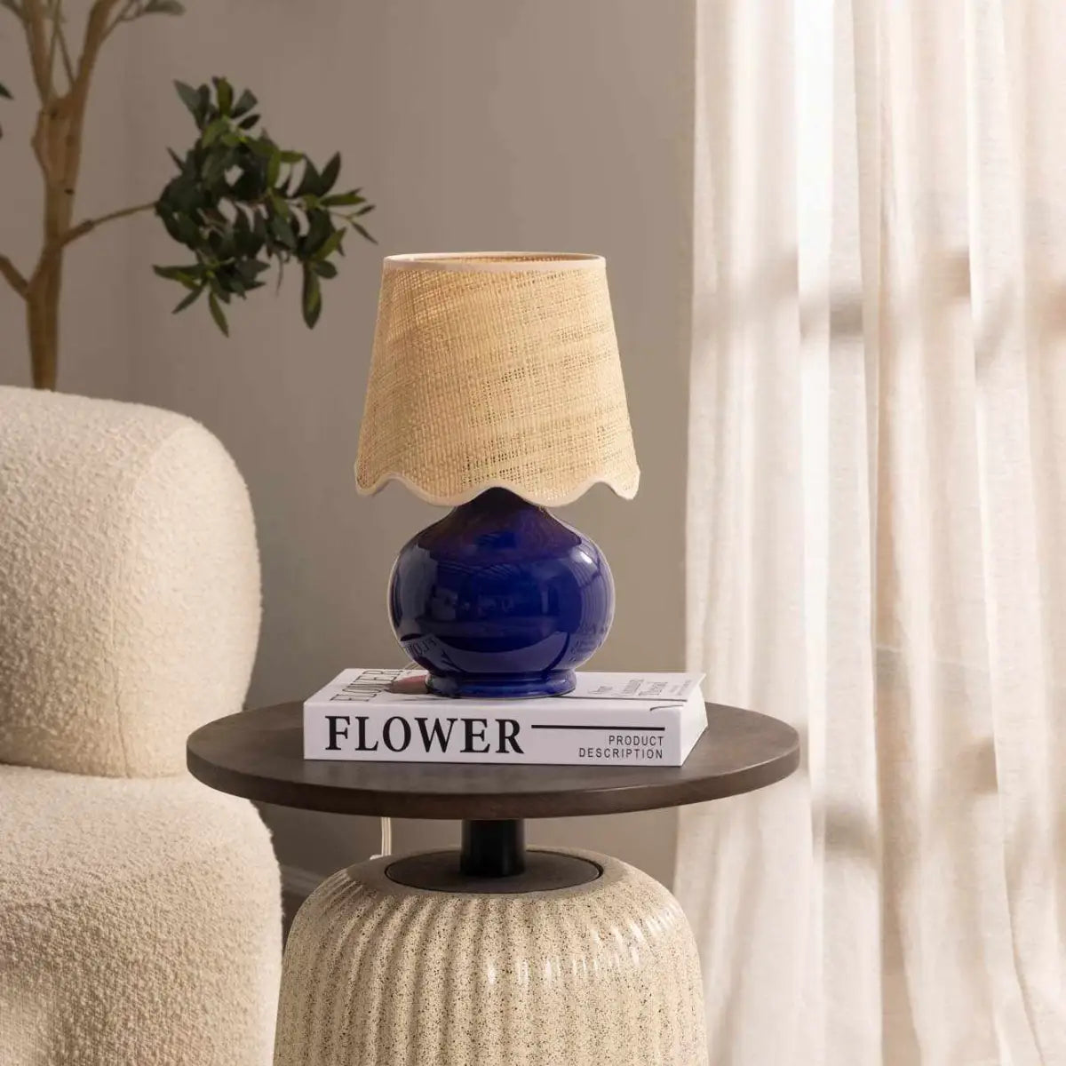 Navy Blue Table Lamp with Scalloped Shade - 13’’H x 8’’W x 8’’D - Boutique Rugs