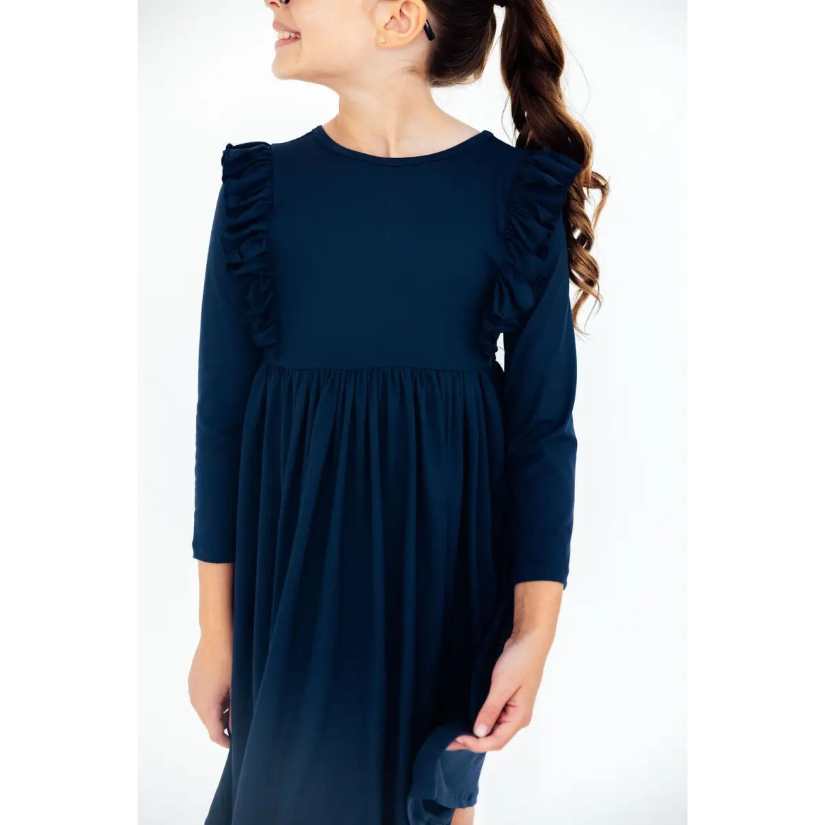Navy L/S Ruffle Twirl Dress - Mila & Rose ®