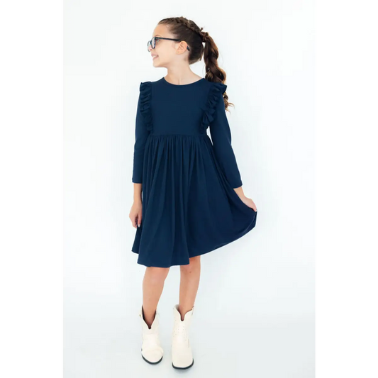 Navy L/S Ruffle Twirl Dress - Mila & Rose ®