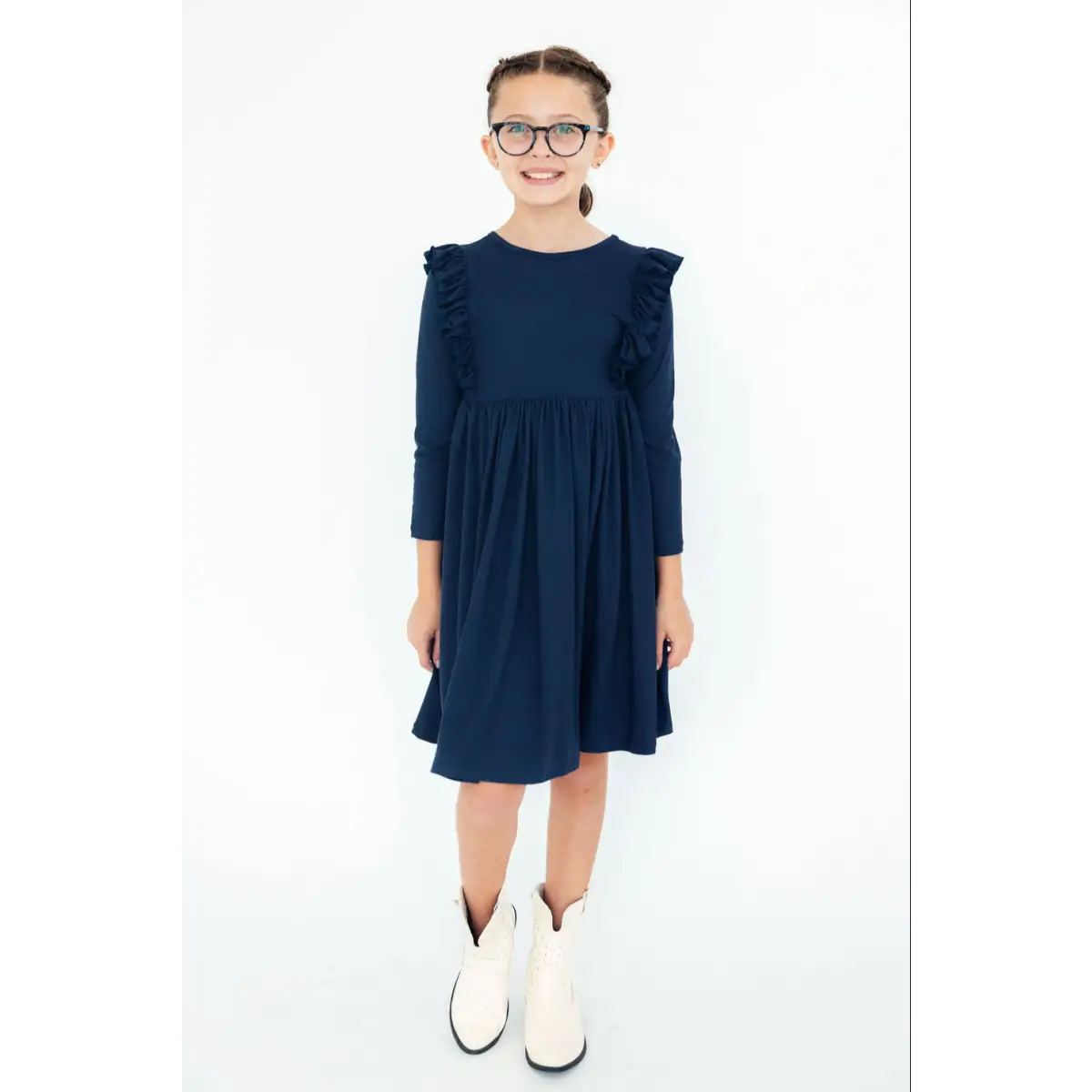 Navy L/S Ruffle Twirl Dress - Mila & Rose ®