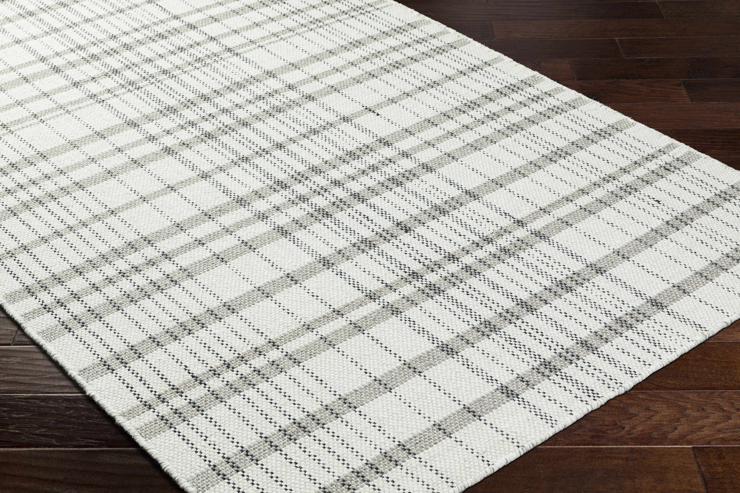 Ivory Beige Plaid Wool Flat Weave Area Rug - Boutique Rugs