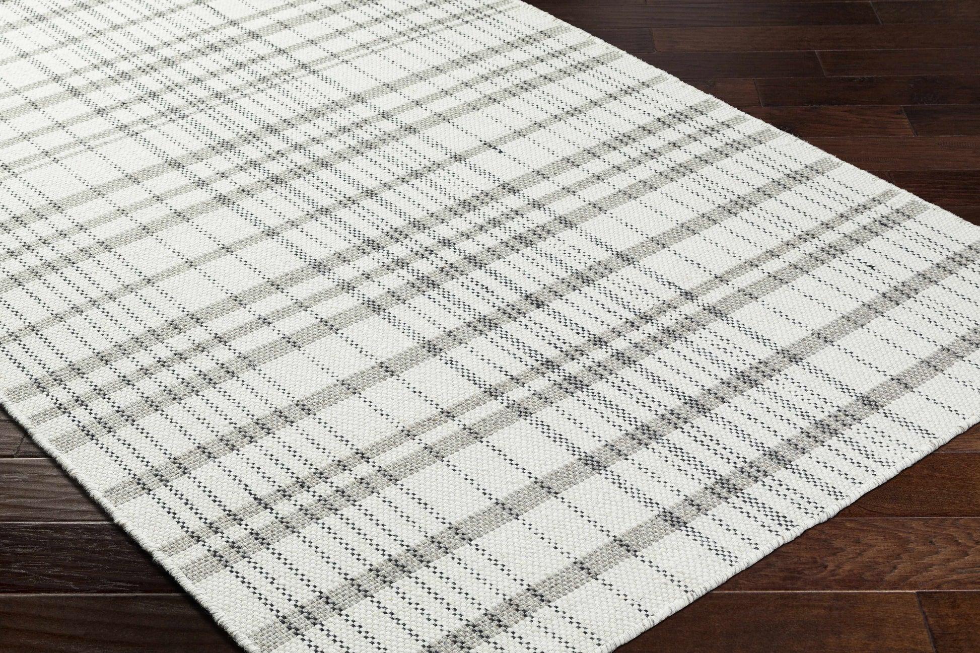 Ivory Beige Plaid Wool Flat Weave Area Rug - Boutique Rugs