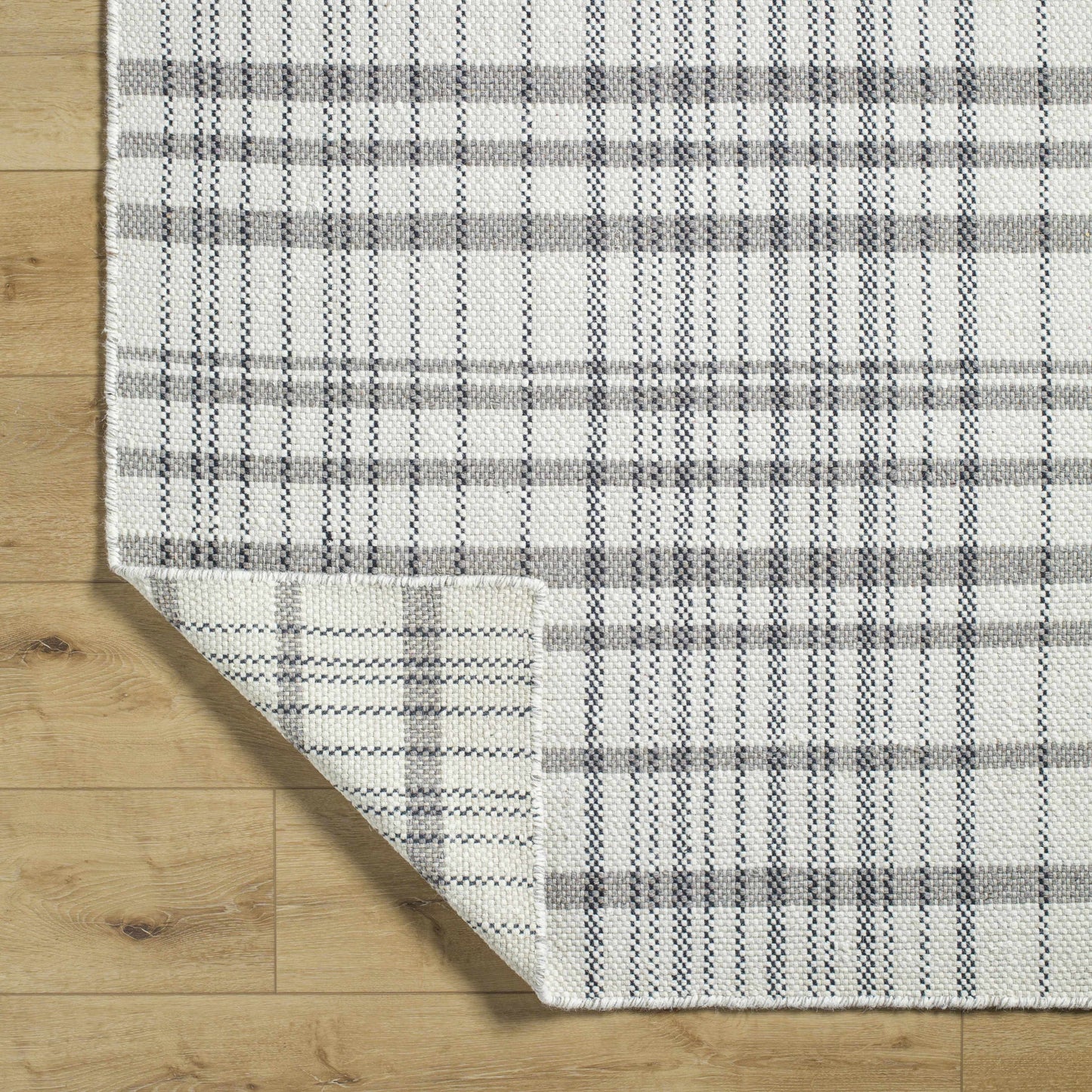 Ivory Beige Plaid Wool Flat Weave Area Rug - Boutique Rugs