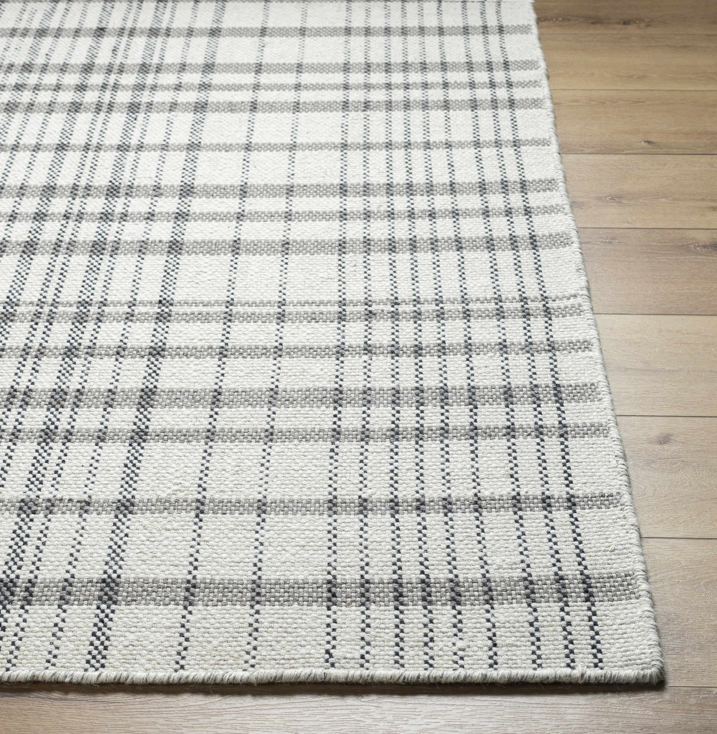 Ivory Beige Plaid Wool Flat Weave Area Rug - Boutique Rugs