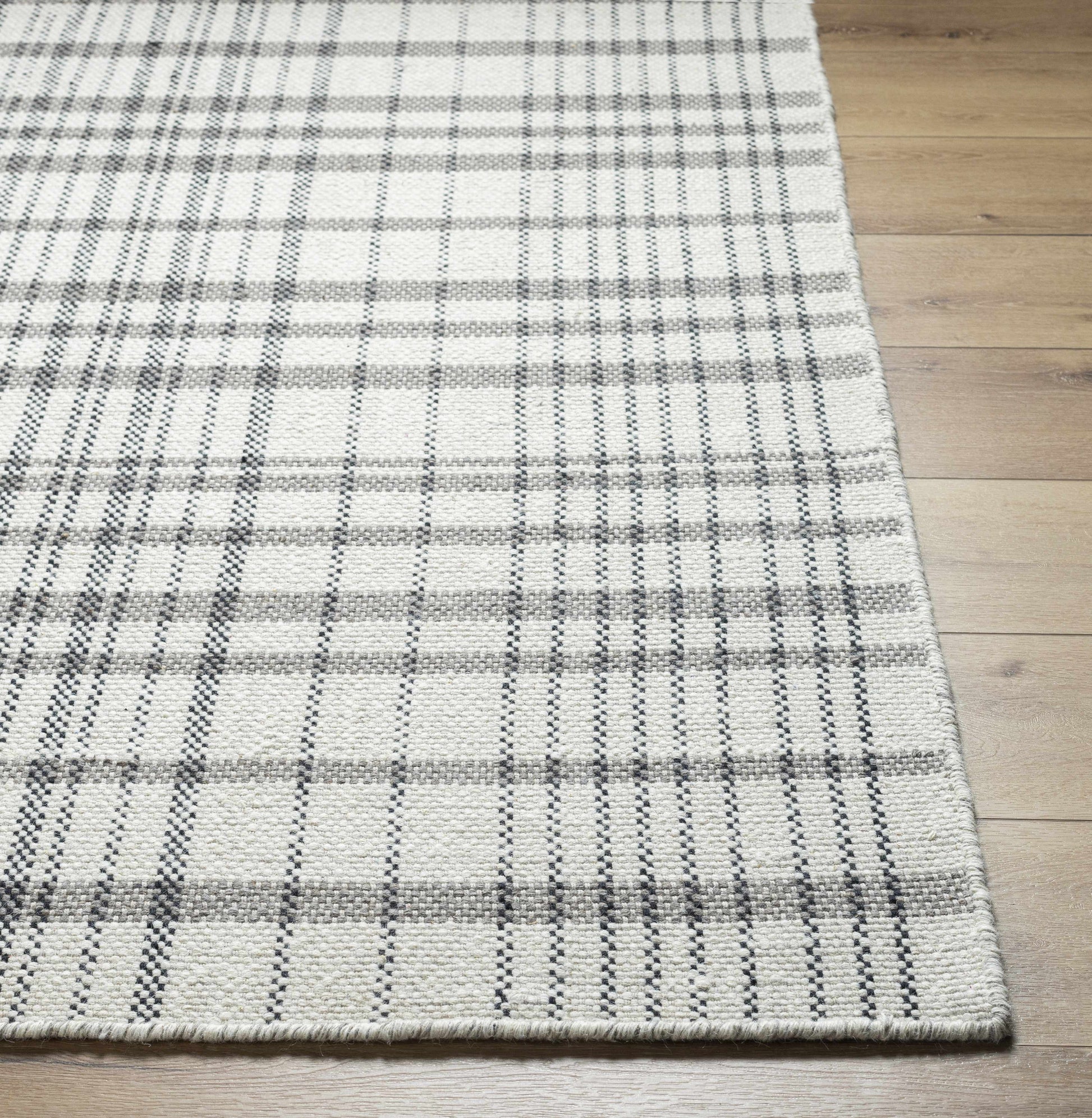 Ivory Beige Plaid Wool Flat Weave Area Rug - Boutique Rugs
