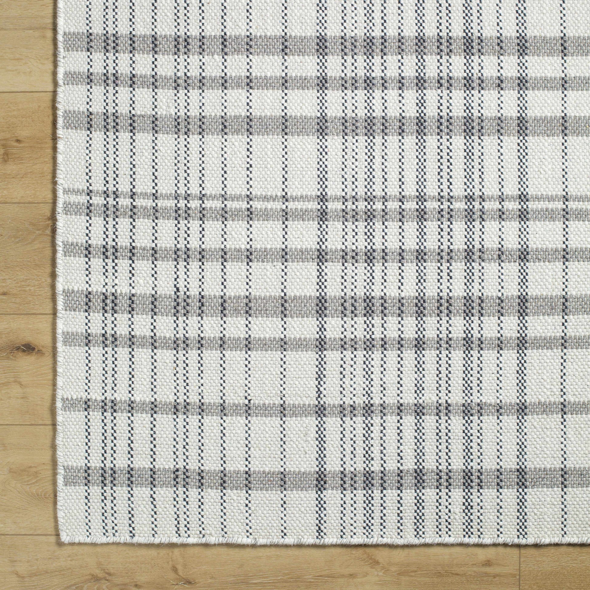 Ivory Beige Plaid Wool Flat Weave Area Rug - Boutique Rugs