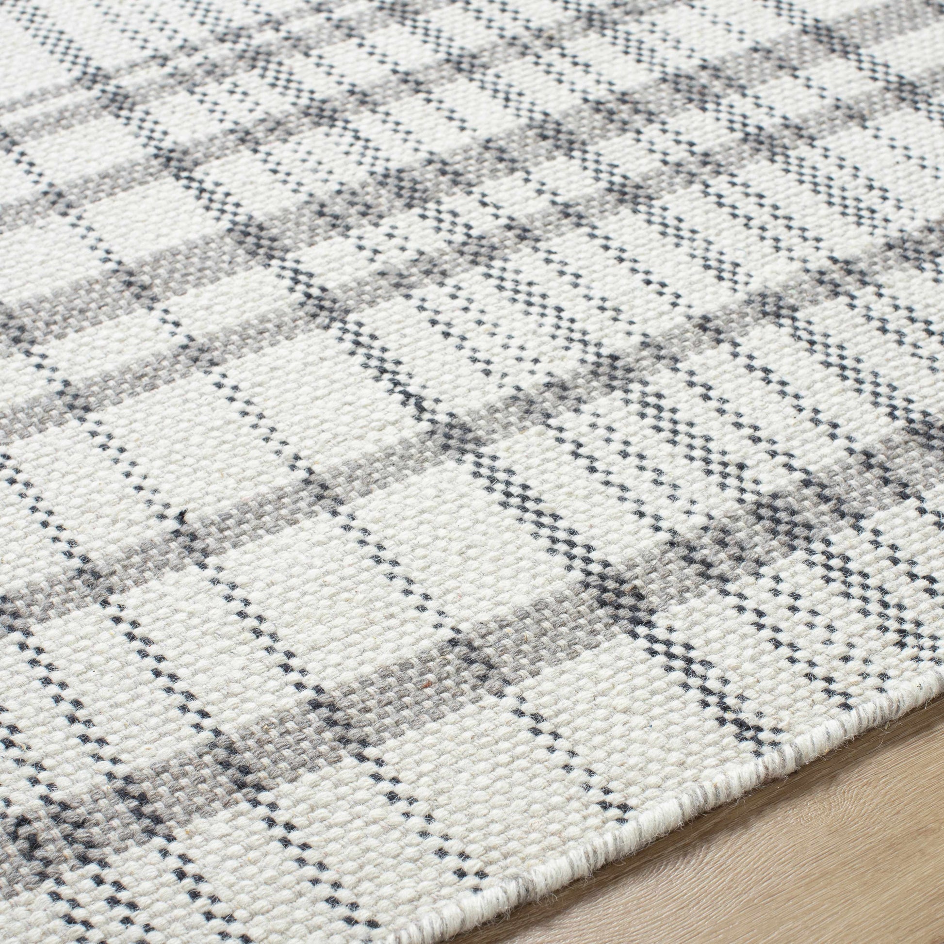 Ivory Beige Plaid Wool Flat Weave Area Rug - 2’6’’ x 8’ Runner - Boutique Rugs