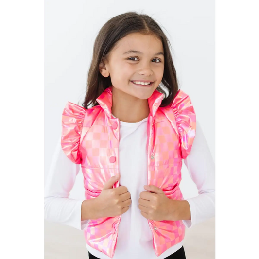 Neon Pink Checker Puffer Vest - Mila & Rose ®