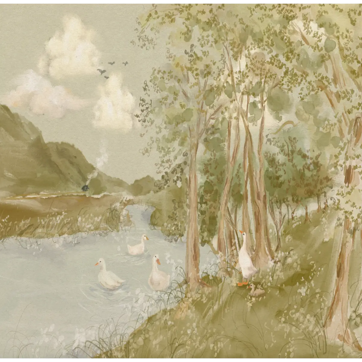Nils Wallpaper - Trees and Lake Landscape - by Celeste Clark - Sample 1 foot by 1 foot - Loomwell Home Goods