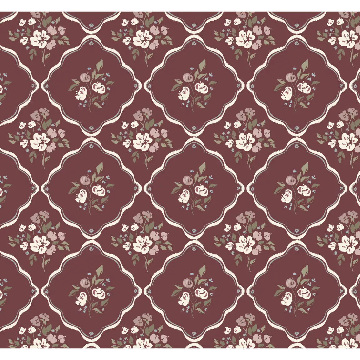 Nina Wallpaper - Flowers in Cottage Diamonds - by Ali Anni - Sample 1 foot by 1 foot / Burgundy - Loomwell Home Goods