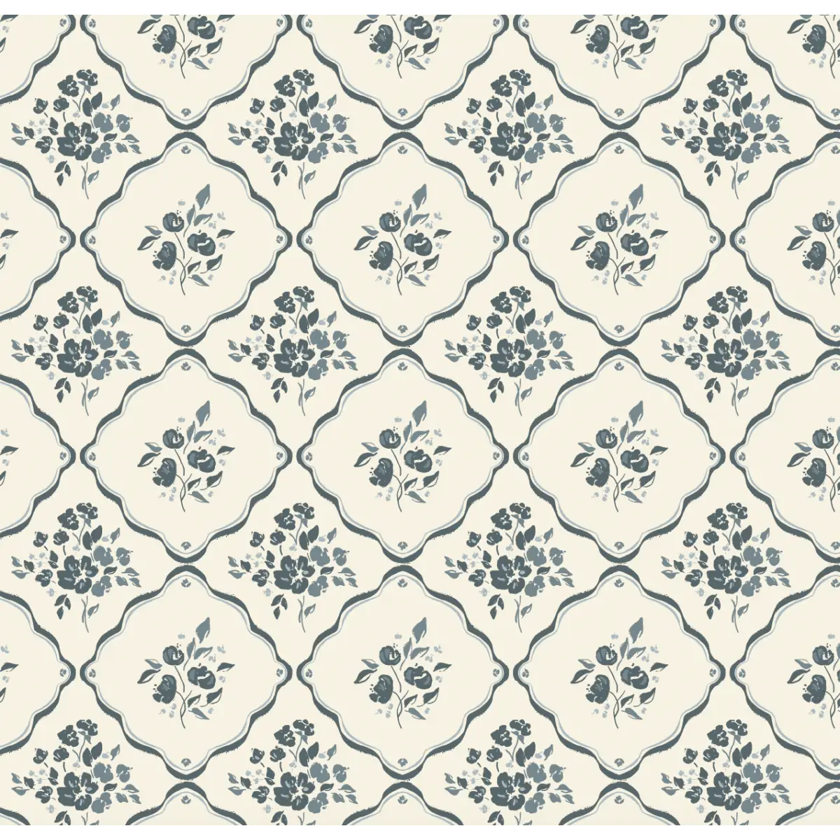 Nina Wallpaper - Flowers in Cottage Diamonds - by Ali Anni - Sample 1 foot by 1 foot / Cream and Blue - Loomwell Home