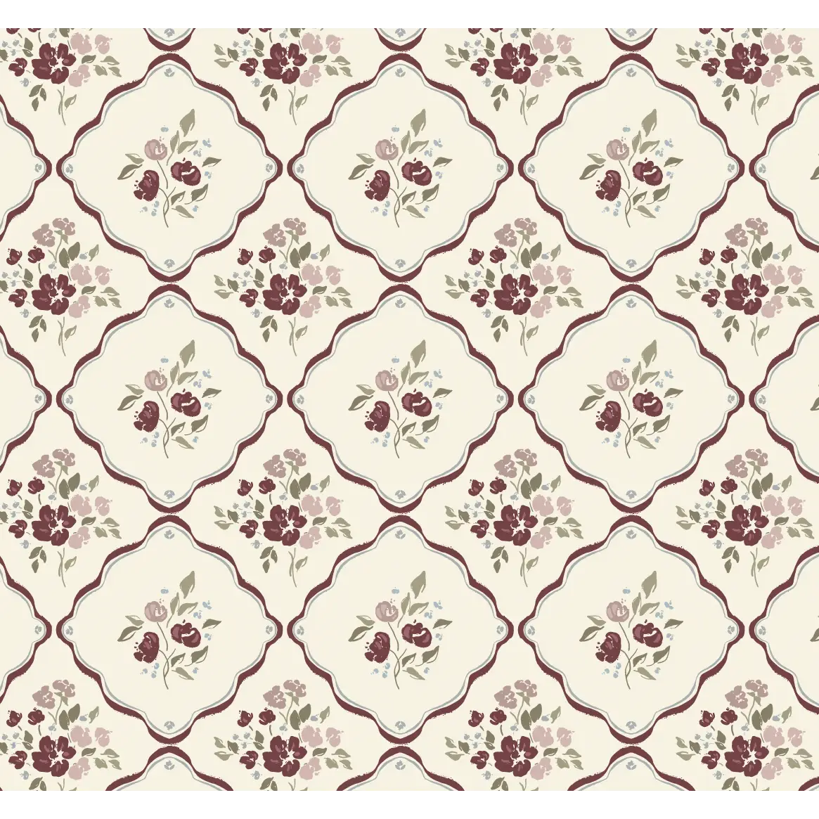 Nina Wallpaper - Flowers in Cottage Diamonds - by Ali Anni - Sample 1 foot by 1 foot / Cream and Burgundy - Loomwell