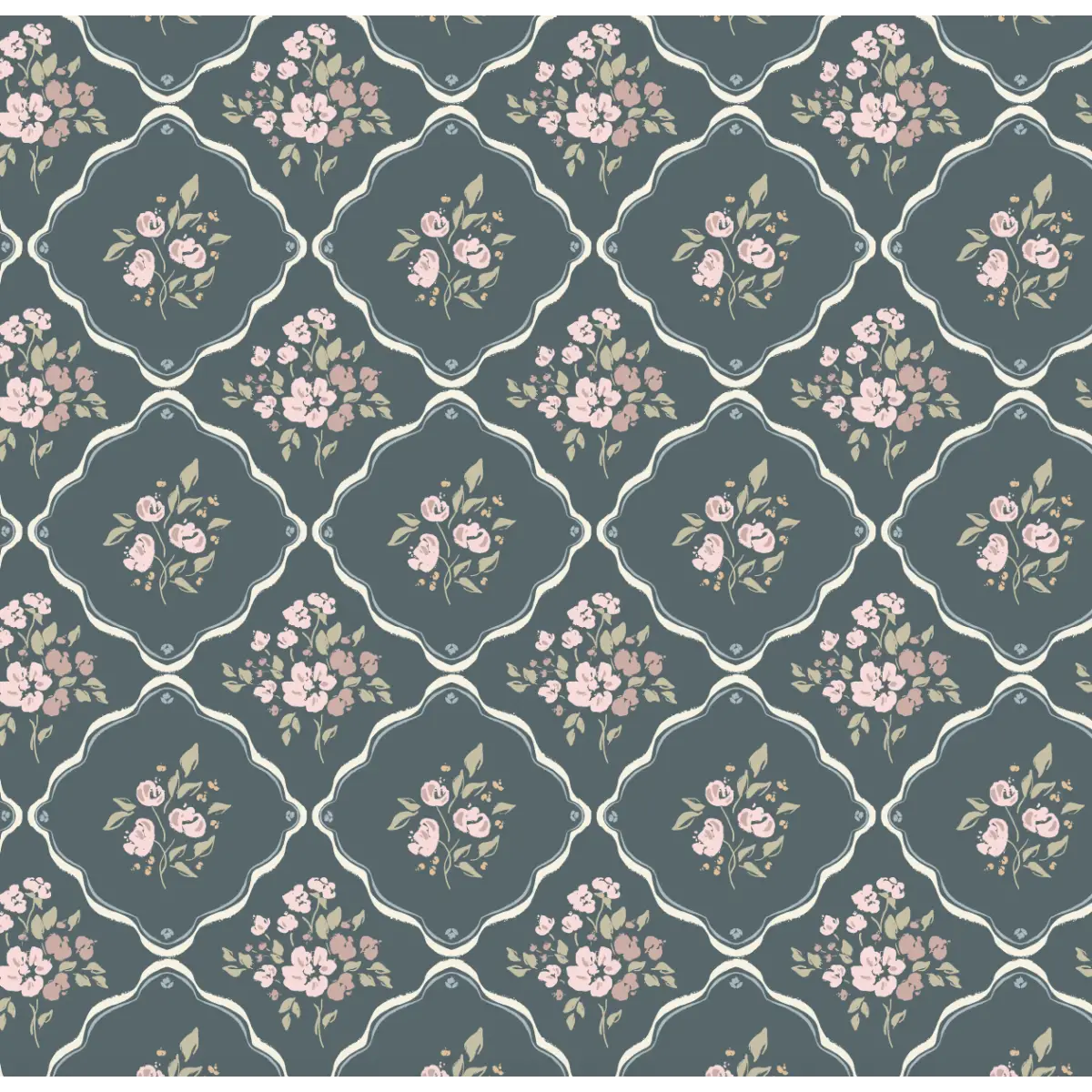 Nina Wallpaper - Flowers in Cottage Diamonds - by Ali Anni - Sample 1 foot by 1 foot / Dark Blue and Pink - Loomwell