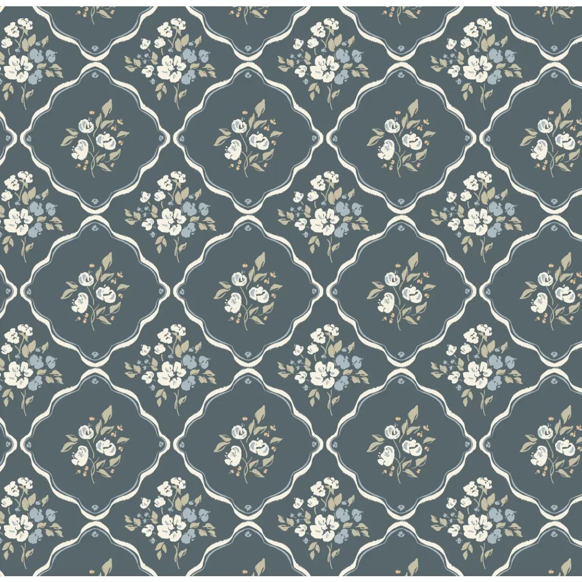 Nina Wallpaper - Flowers in Cottage Diamonds - by Ali Anni - Sample 1 foot by 1 foot / Dark Blue and White - Loomwell