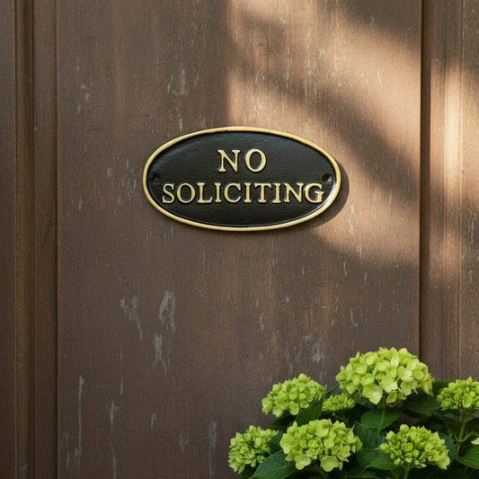 No Soliciting Sign - Cast Iron Oval - Wall Mount - Black and Gold - Iron & Blossom