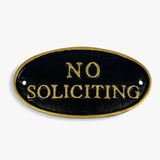 No Soliciting Sign - Cast Iron Oval - Wall Mount - Black and Gold - Iron & Blossom
