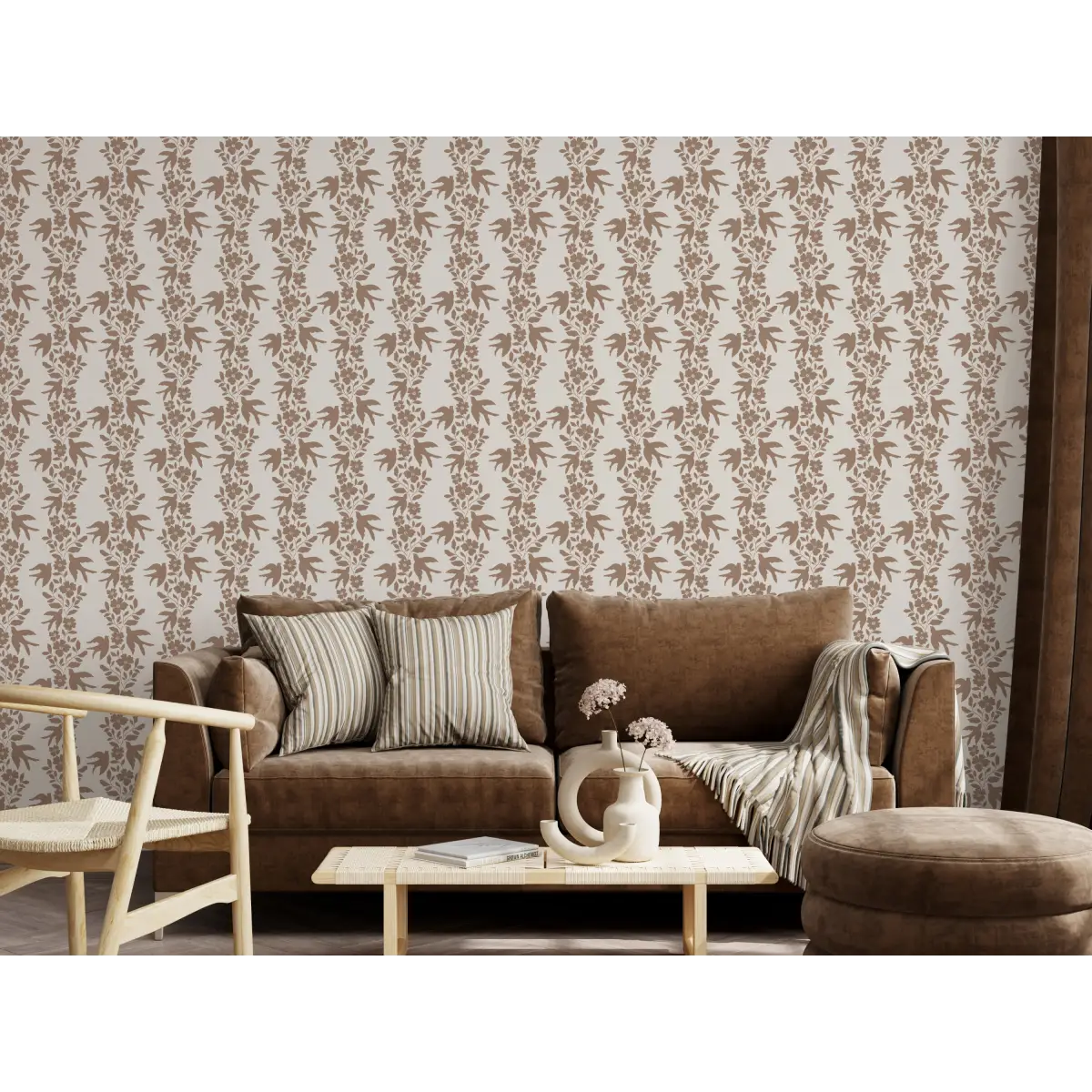 Noelle Wallpaper - Bold Birds and Flowers Stripe - by Gabriela Dachin - Loomwell Home Goods