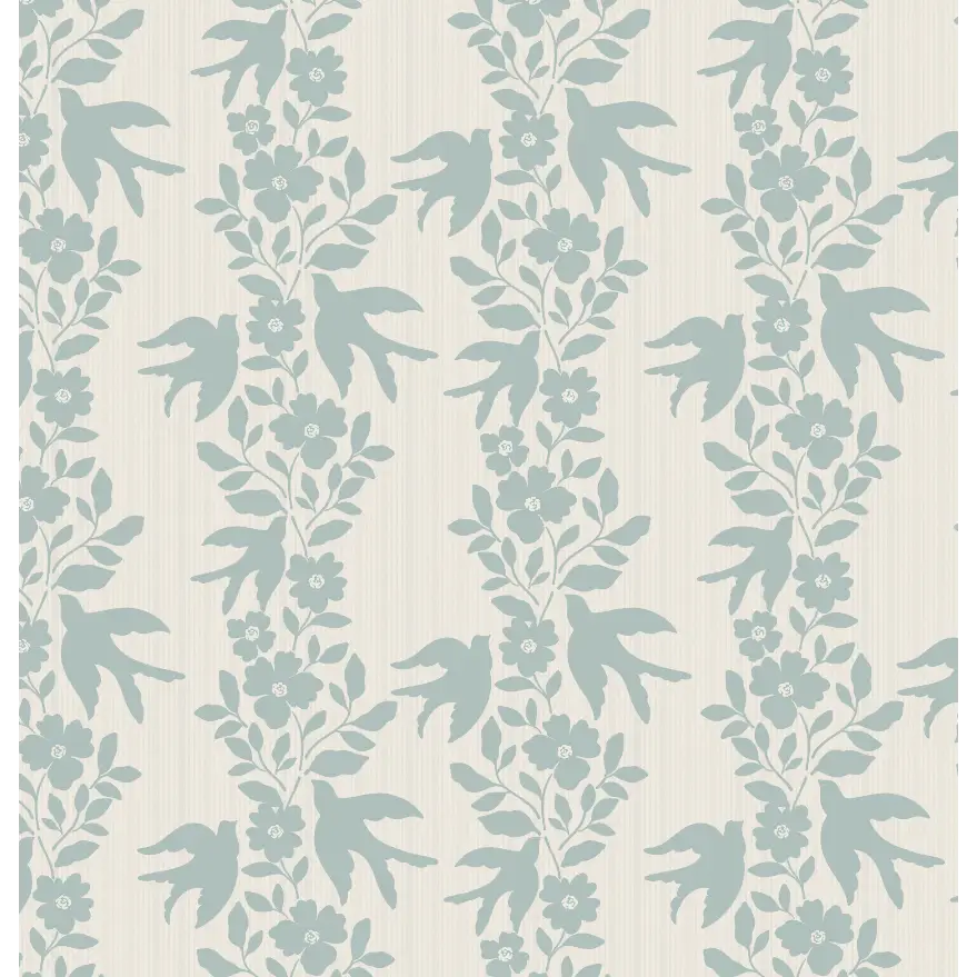 Noelle Wallpaper - Bold Birds and Flowers Stripe - by Gabriela Dachin - Sample 1 foot by 1 foot / Blue - Loomwell Home