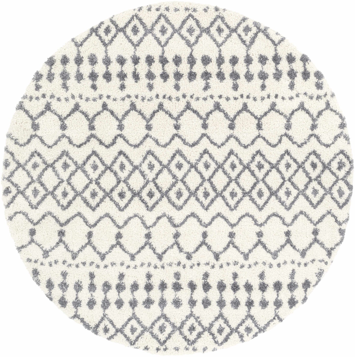 Navassa White/Gray Trellis Plush Rug - 6’7’’ Round - Boutique Rugs