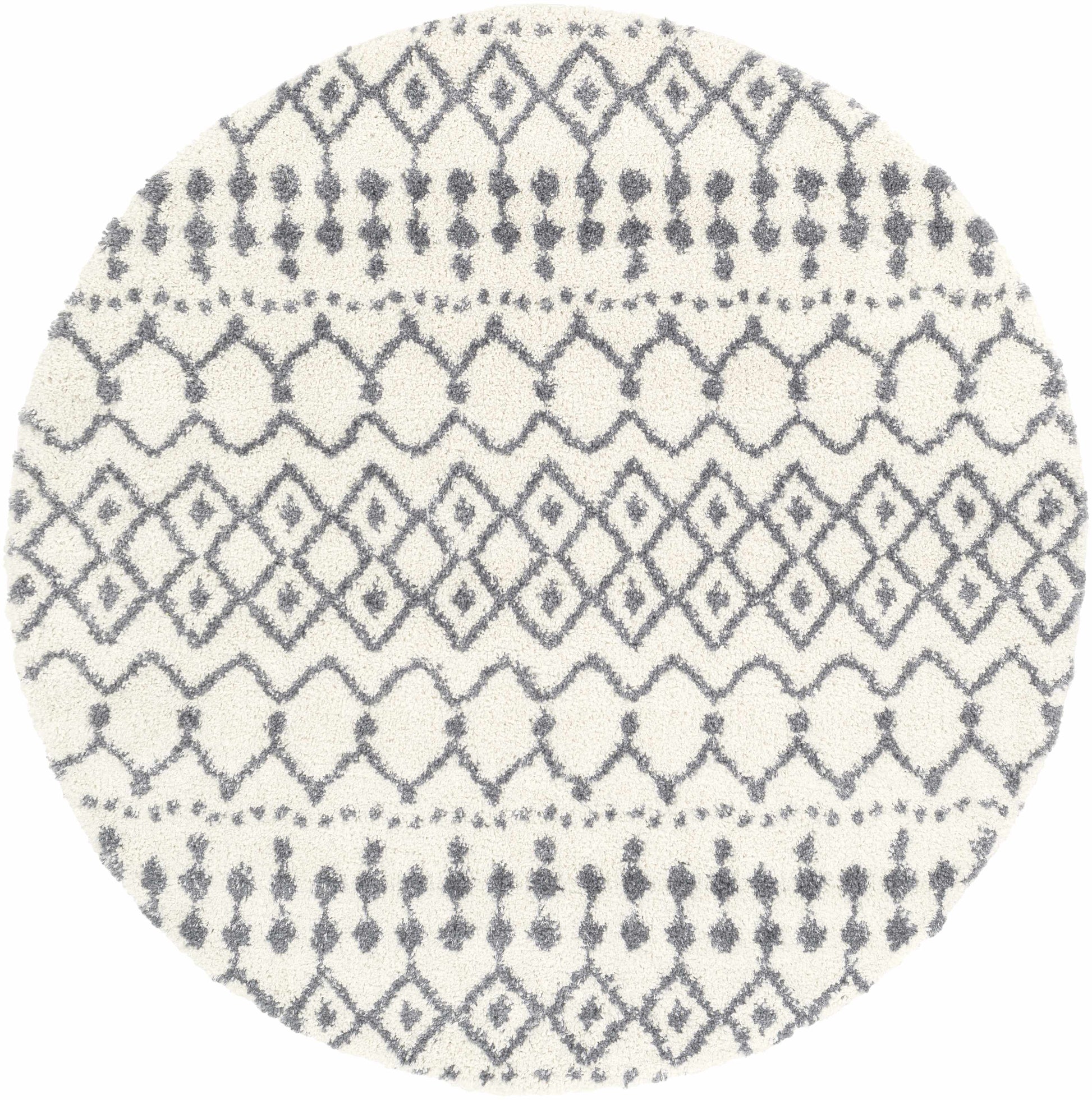 Navassa White/Gray Trellis Plush Rug - 6’7’’ Round - Boutique Rugs