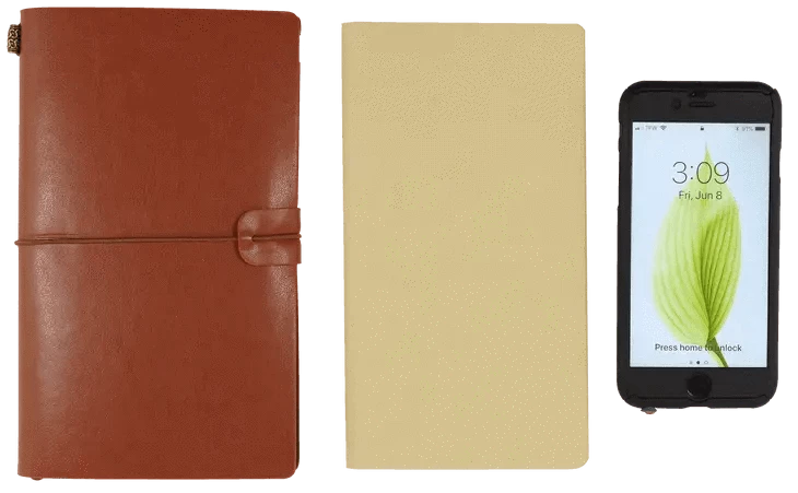 Voyager Journal Notebook, nutmeg brown, comparative size