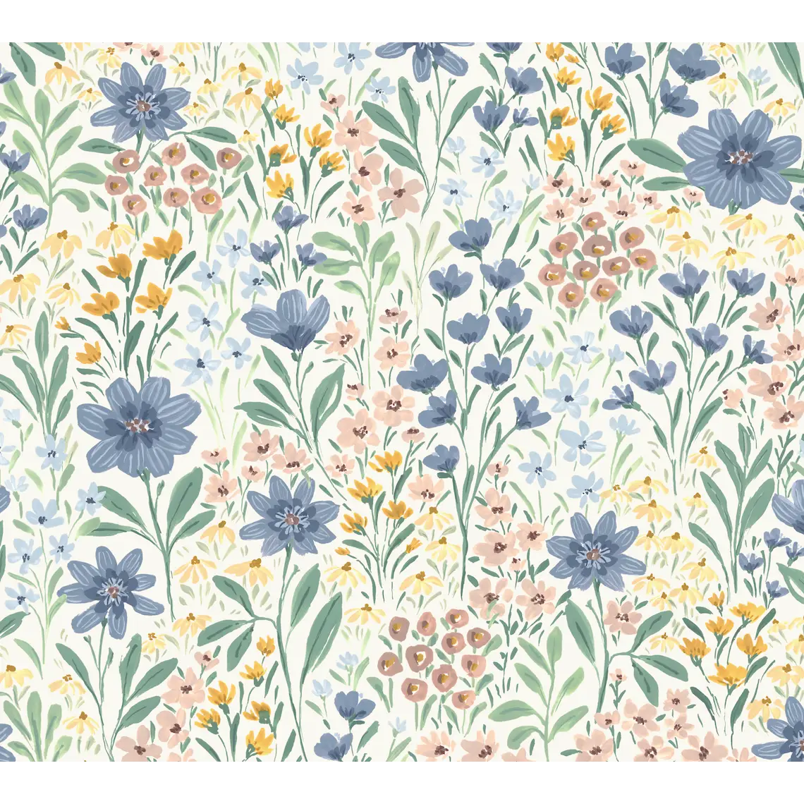 Oaklyn Wallpaper - Neutral Flowers - by Hufton Studio - Sample 1 foot by 1 foot / Blue and Yellow / Large - Loomwell