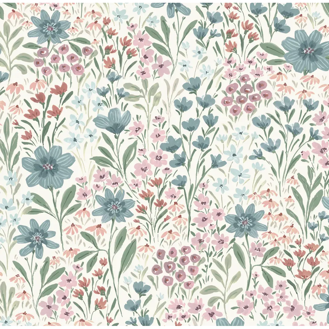 Oaklyn Wallpaper - Neutral Flowers - by Hufton Studio - Sample 1 foot by 1 foot / Teal / Large - Loomwell Home Goods