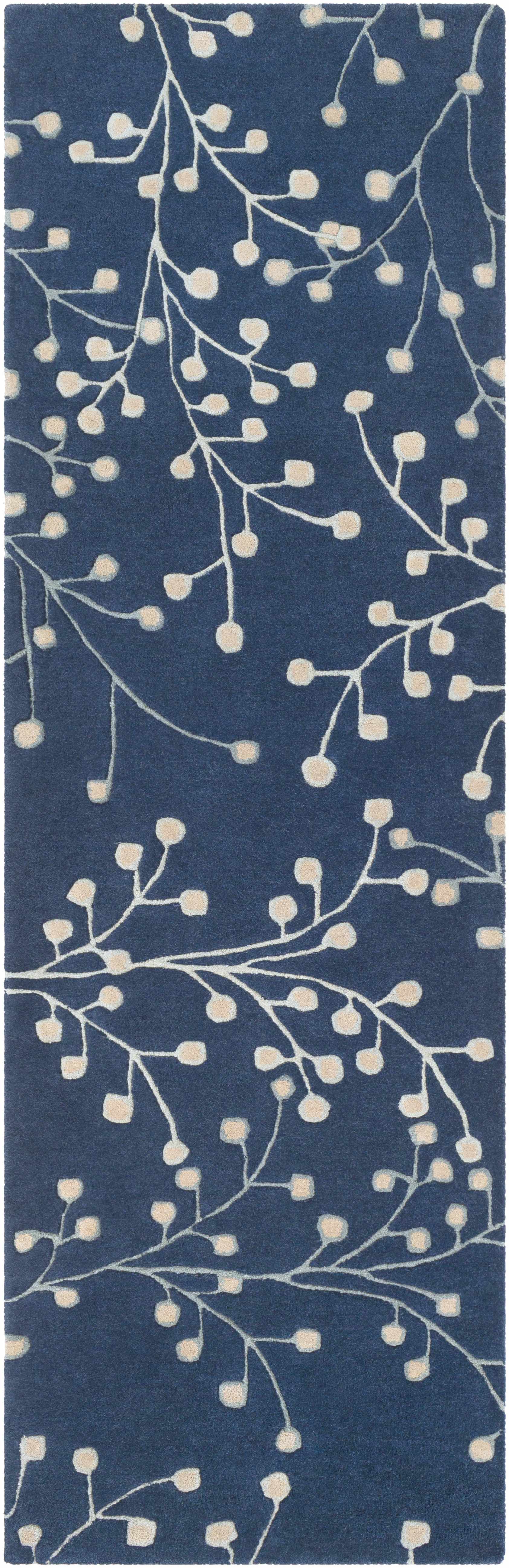 Navy Blue Botanical Wool Area Rug - 2’6’’ x 8’ Runner - Boutique Rugs