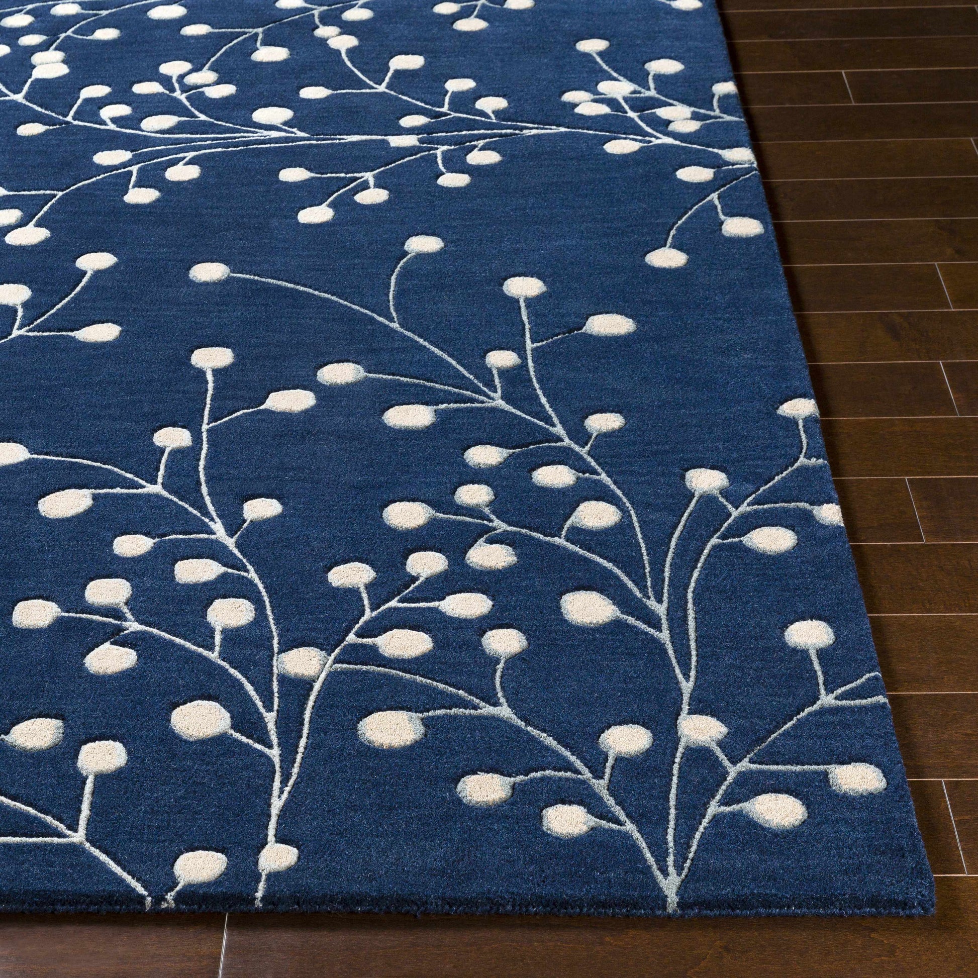 Navy Blue Botanical Wool Area Rug - Boutique Rugs
