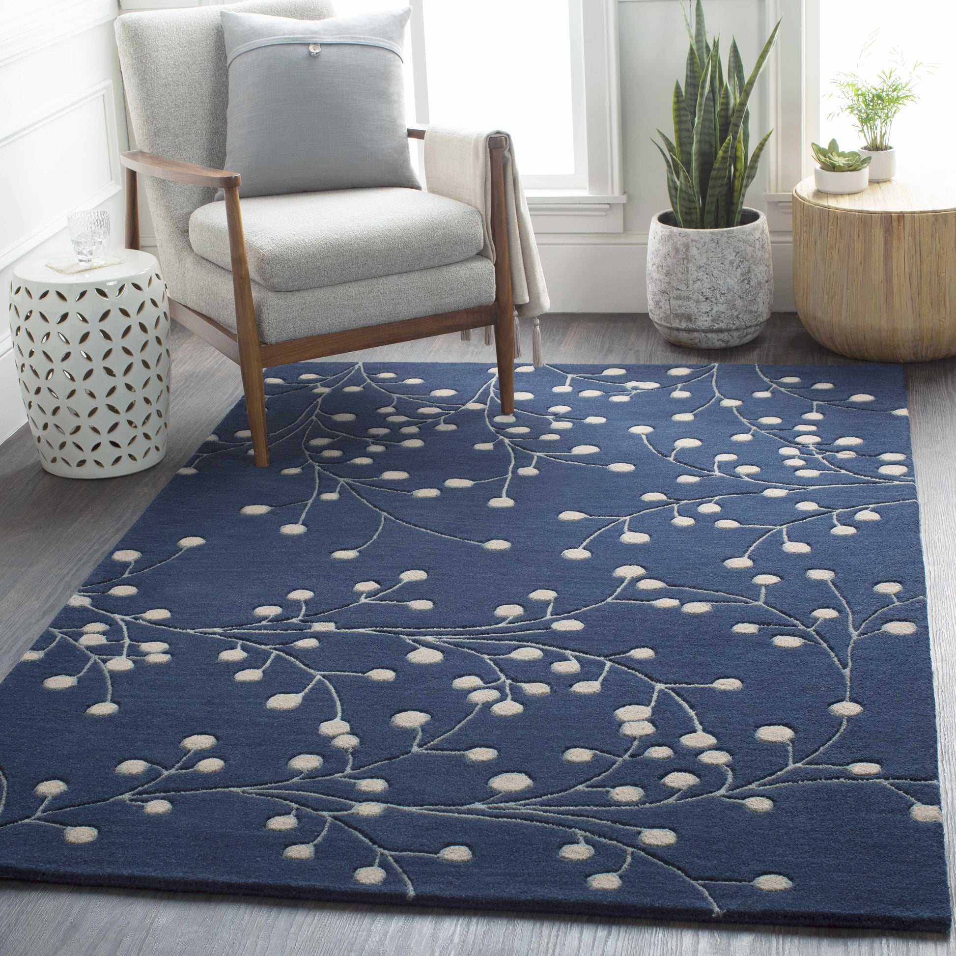 Navy Blue Botanical Wool Area Rug - Boutique Rugs