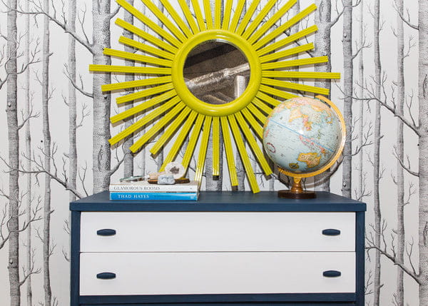 Bright yellow sunburst Milk Paint Binder mirror with rays