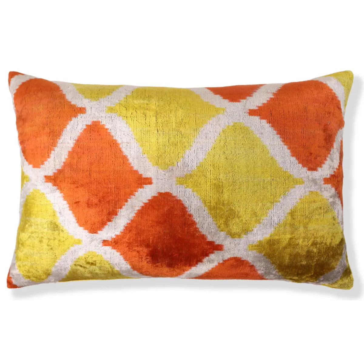 Orange Yellow Silk Velvet Lumbar Pillow – 16x24 Handmade Ikat Luxury Cushion - Canvello
