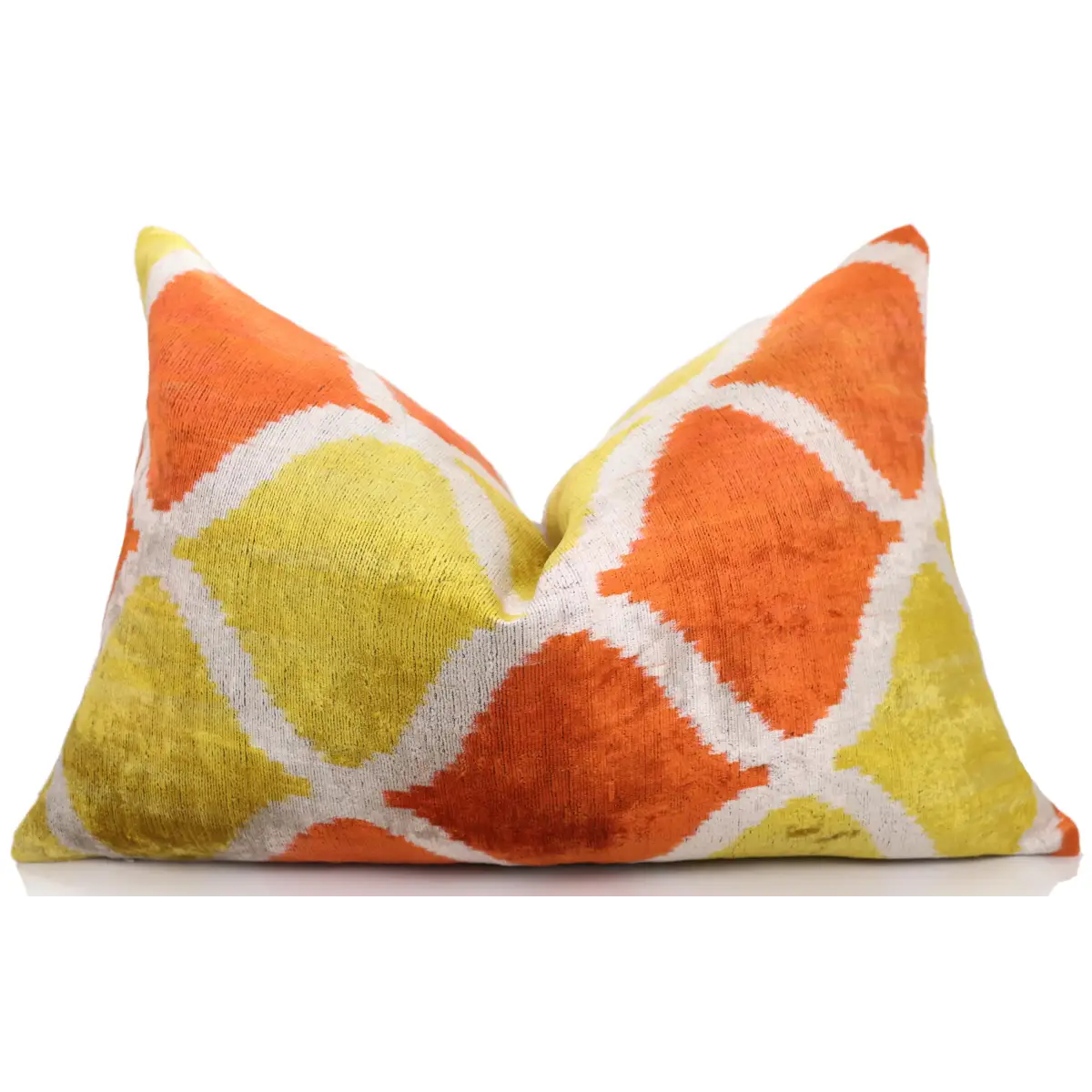 Orange Yellow Silk Velvet Lumbar Pillow – 16x24 Handmade Ikat Luxury Cushion - Canvello