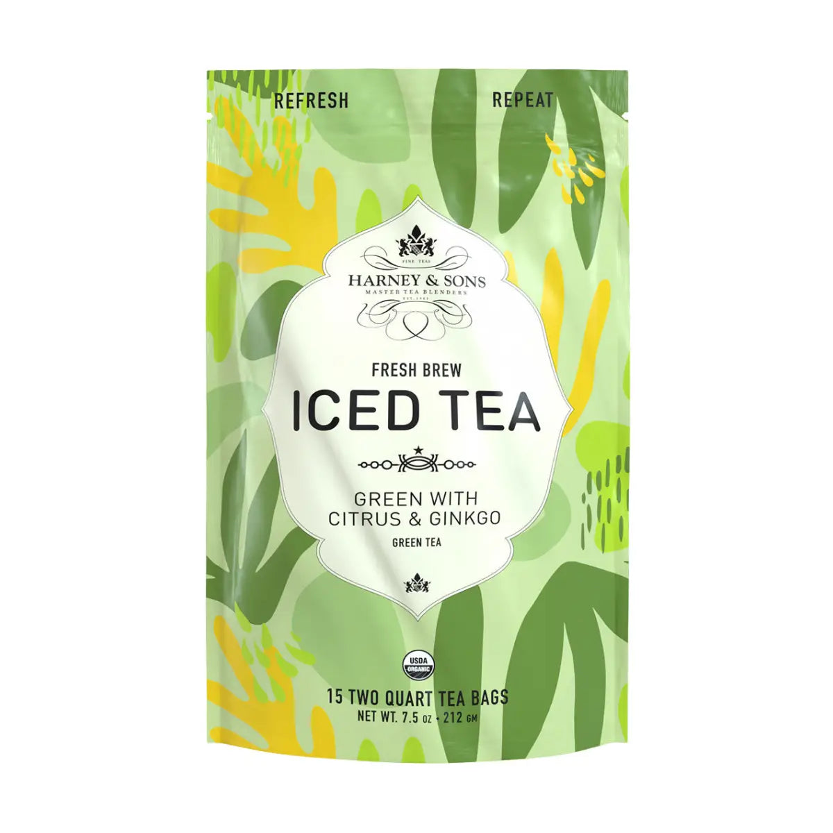 Organic Tea - Green with Citrus & Ginkgo - Sachets Teabags Loose or Iced Tea - Iced Tea Pouches / Bag of 15 Pouches