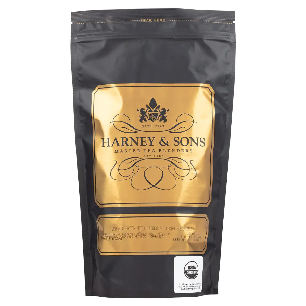 Organic Tea - Green with Citrus & Ginkgo - Sachets Teabags Loose or Iced Tea - Sachets / Bag of 50 Sachets - Harney &