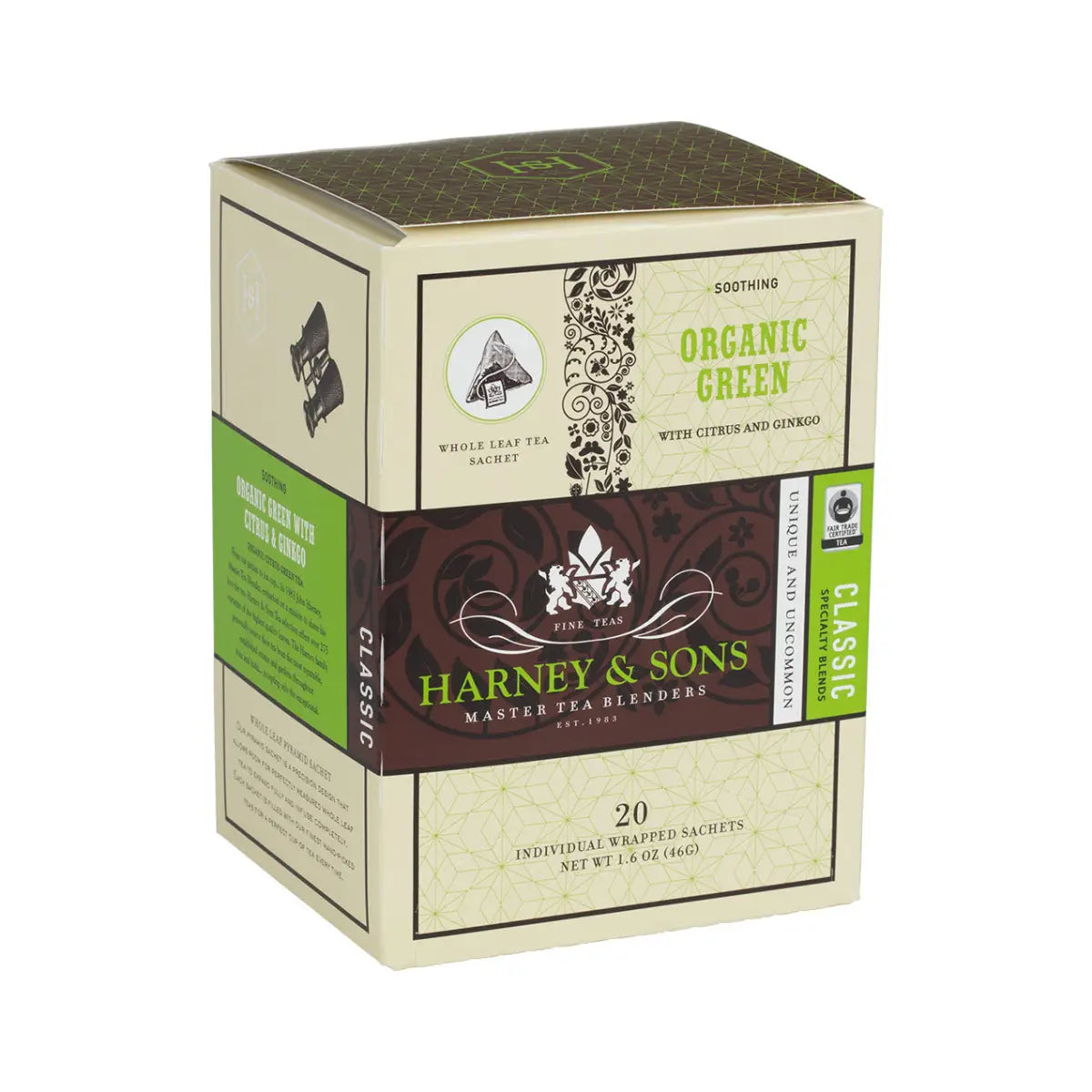 Organic Tea - Green with Citrus & Ginkgo - Sachets Teabags Loose or Iced Tea - Sachets / Box of 20 Individually Wrapped