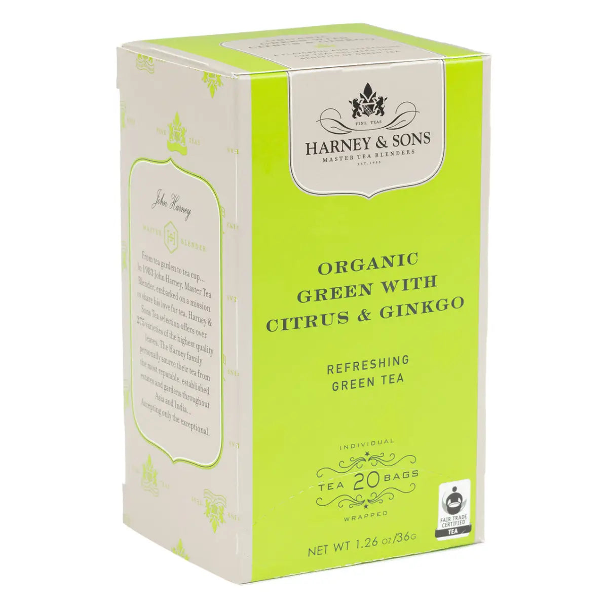 Organic Tea - Green with Citrus & Ginkgo - Sachets Teabags Loose or Iced Tea - Teabags / Box of 20 Premium Teabags