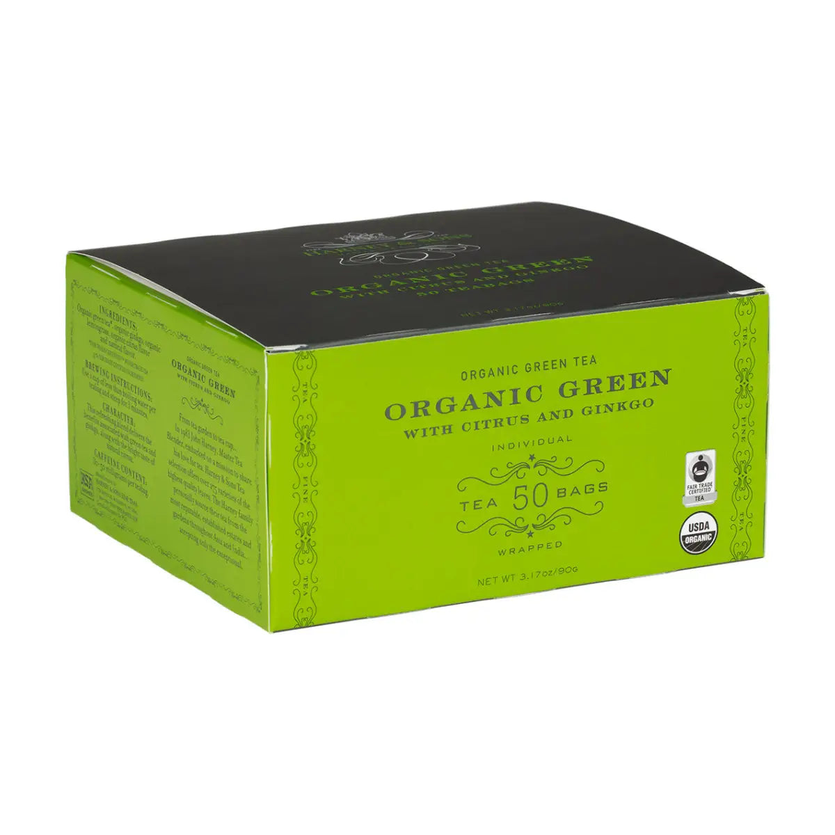 Organic Tea - Green with Citrus & Ginkgo - Sachets Teabags Loose or Iced Tea - Teabags / Box of 50 Wrapped Teabags