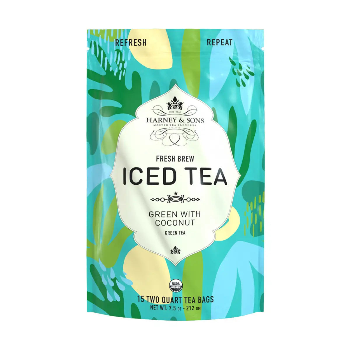 Organic Green Tea with Coconut - Fresh Brew Iced Tea - Iced Tea Pouches / Bag of 15 Pouches - Harney & Sons Fine Teas