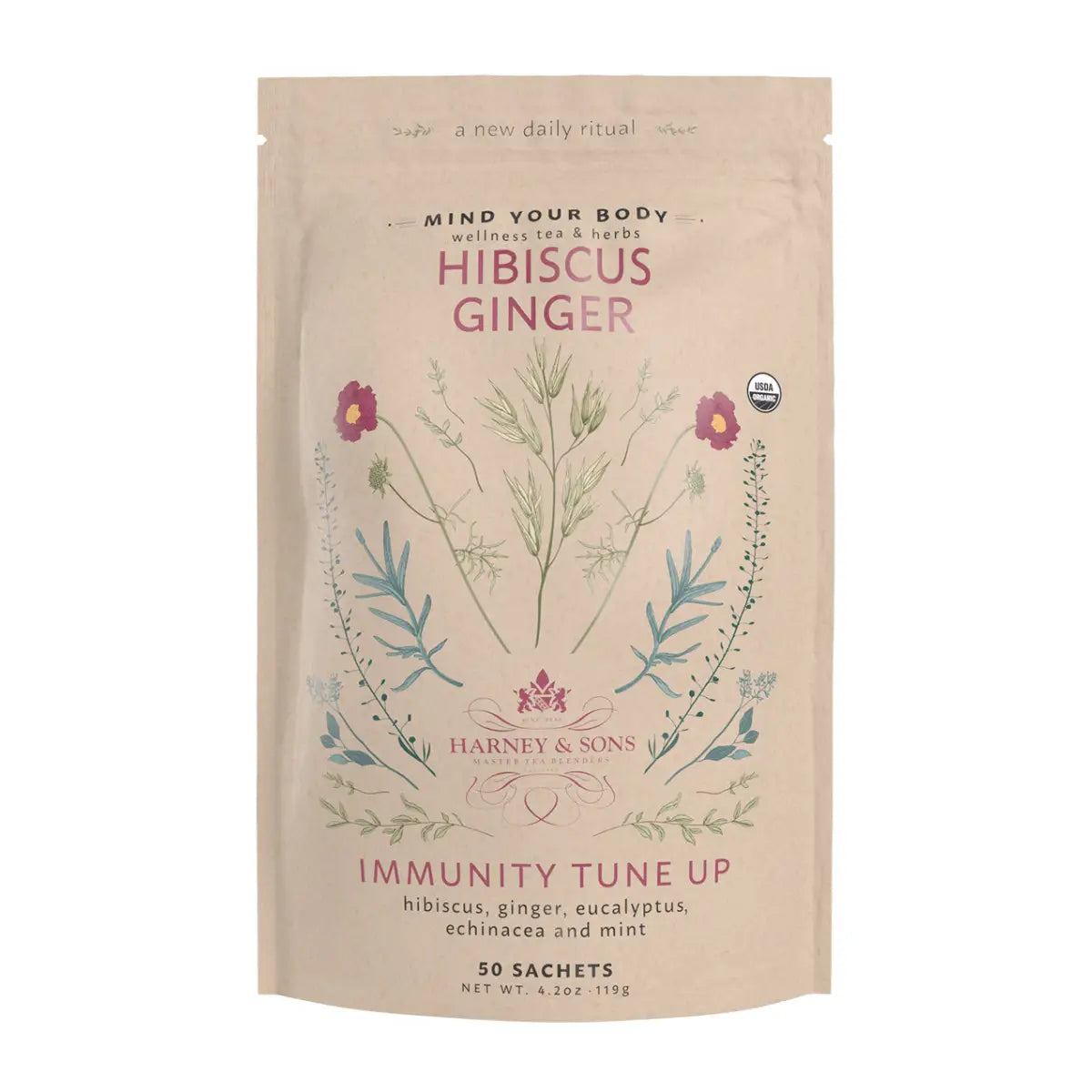 Loose Tea - Organic Hibiscus Ginger - Sachets / Bag of 50 Sachets - Harney & Sons Fine Teas