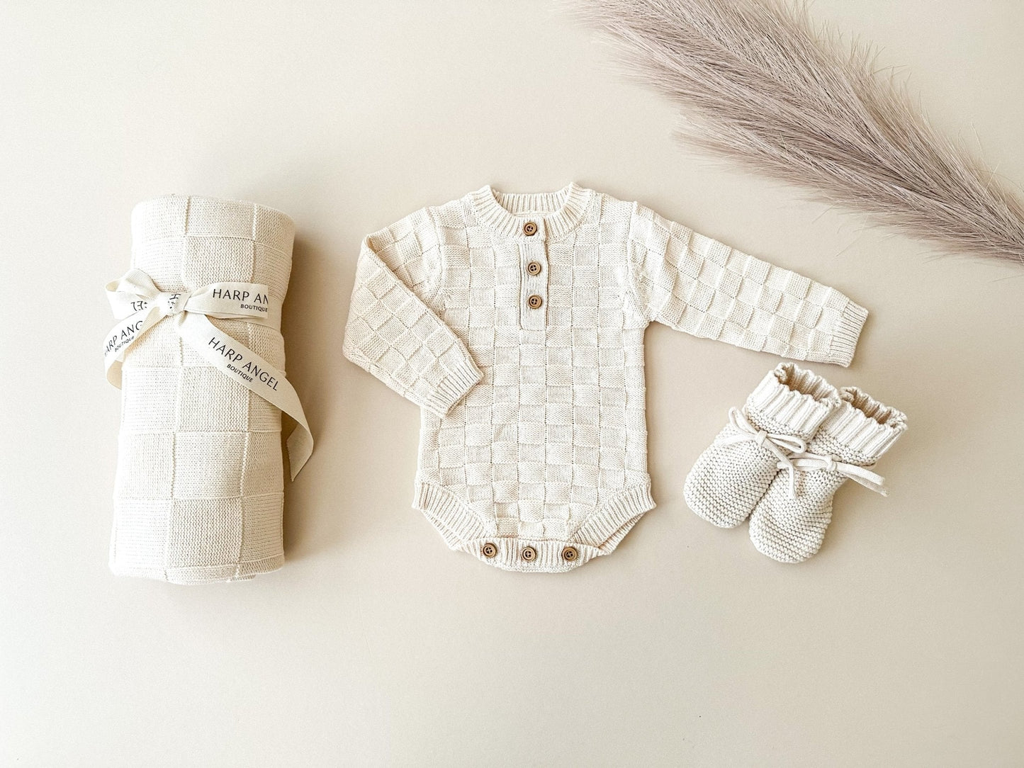 Organic Knit Bodysuit- Cream Checker - Harp Angel Boutique