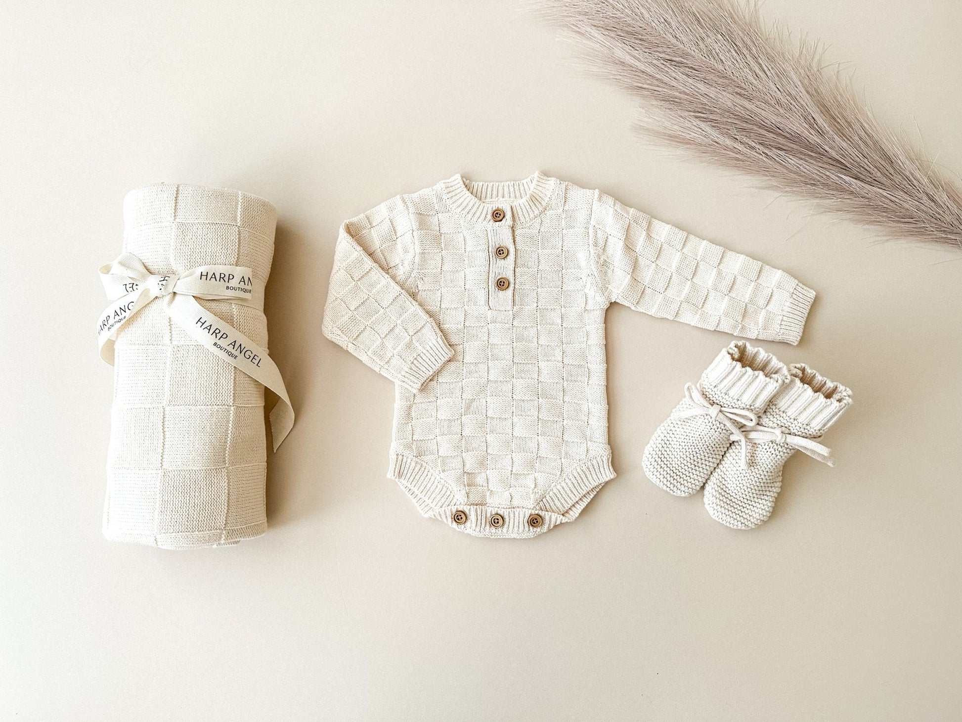 Organic Knit Bodysuit- Cream Checker - Harp Angel Boutique