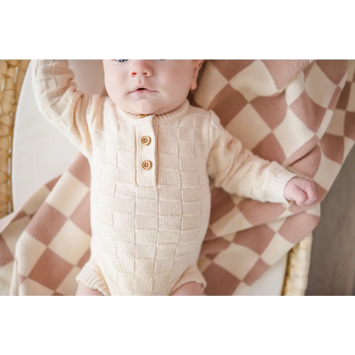 Organic Knit Bodysuit- Cream Checker - Harp Angel Boutique
