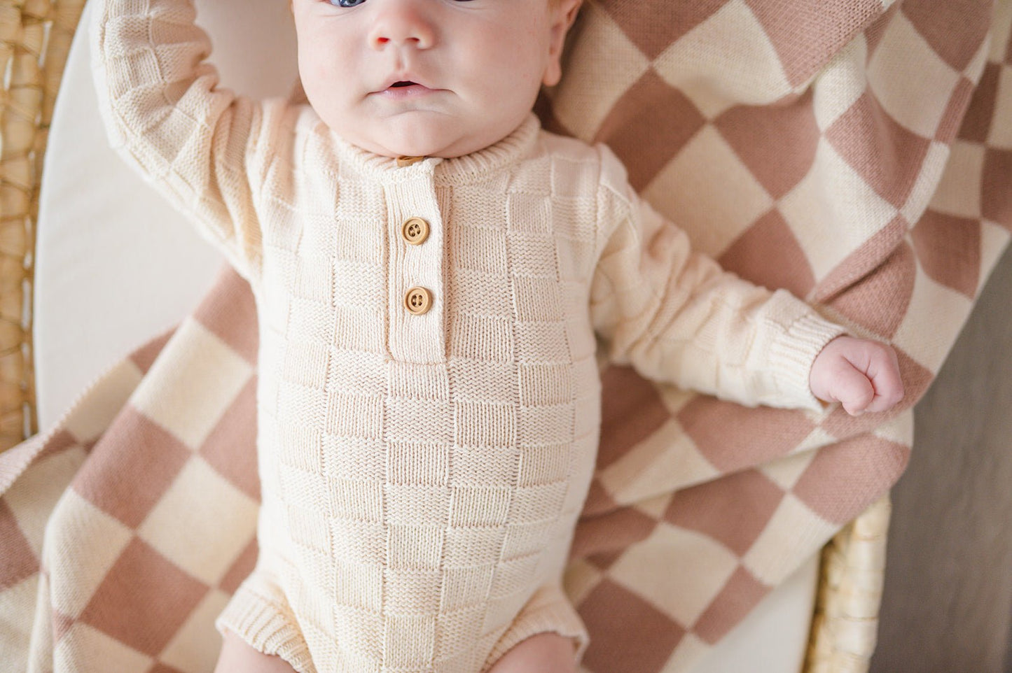 Organic Knit Bodysuit- Cream Checker - Harp Angel Boutique