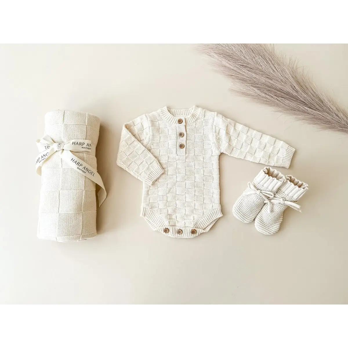 Organic Knit Bodysuit- Cream Checker - Harp Angel Boutique