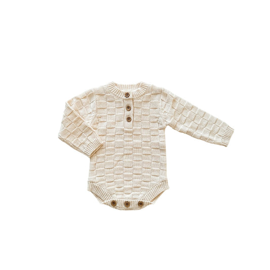 Organic Knit Bodysuit- Cream Checker - Harp Angel Boutique
