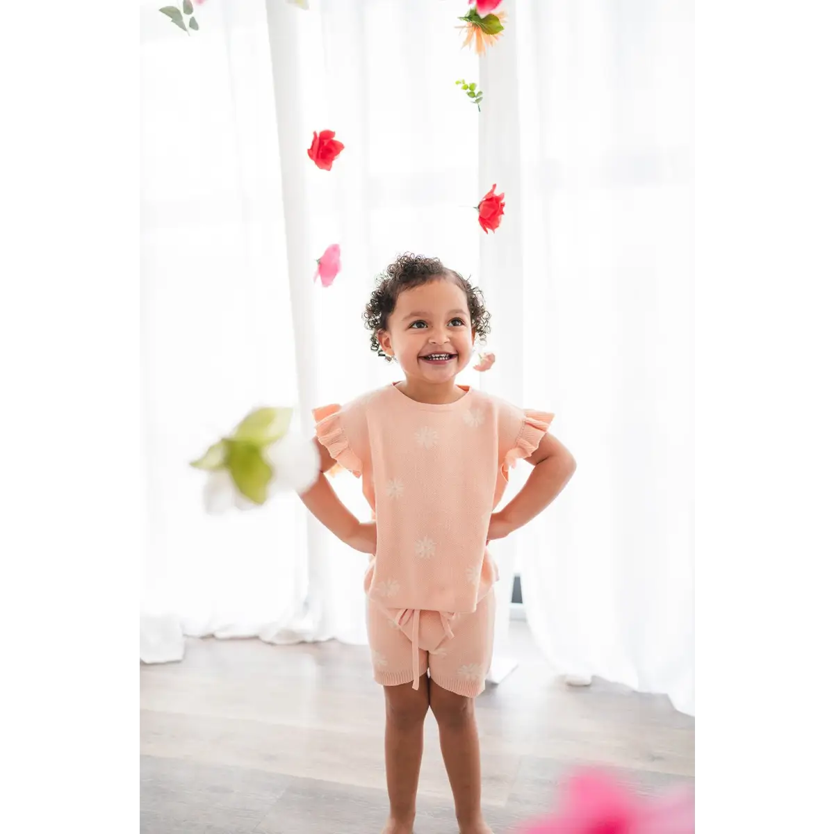 Organic Knit Short Set - Coral Daisies - Harp Angel Boutique
